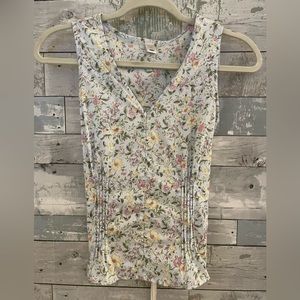 Floral Pin-tuck Tie Back Flattering V-Neck Sleeveless Blouse Shirt Tank Size XS